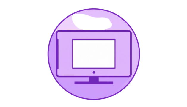 Simple lavender icon of a monitor with a white screen inside a circle, with an incomplete black spot near the top