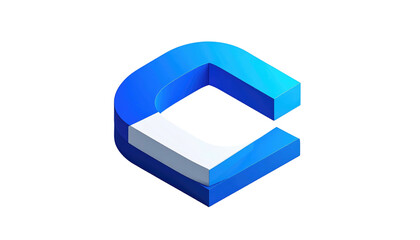 Abstract 'C' form Blue gradient top meets white base, isometric view on black. Sharp edges, minimal design, blocky shape