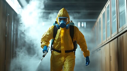 Worker in hazmat suit disinfecting corridor with protective equipment
