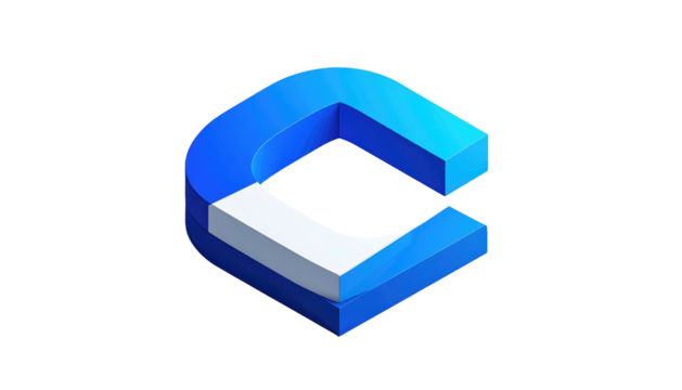 Abstract 'C' form Blue gradient top meets white base, isometric view on black. Sharp edges, minimal design, blocky shape