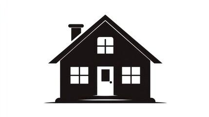 A black and white silhouette of a house with a chimney, two windows, and a door, set against a white background with a shadowy foreground.