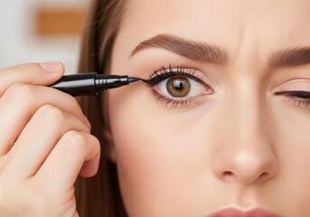 Woman concentrates while applying eyeliner. Close-up of makeup application struggle. Relatable, funny moment of trying to perfect a cat eye. For beauty humor and tutorials.