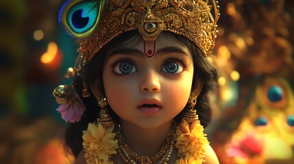 Cute divine child in ornate golden attire with vibrant fantasy details
