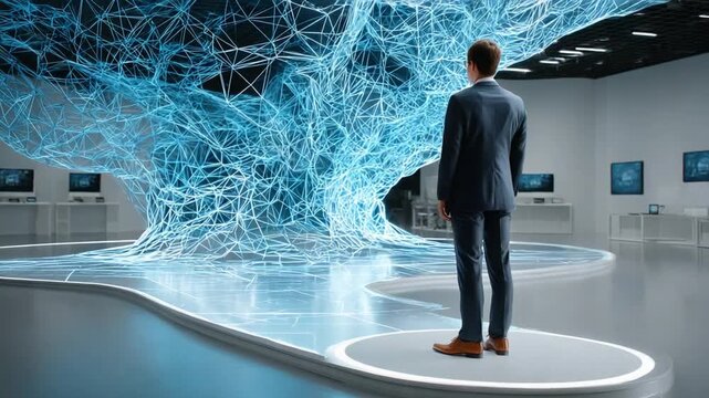 Human Observing Digital Tree: a single individual gazes upon a holographic, interconnected tree made of glowing, digital lines, representing the complex web of information and ideas in the modern age.