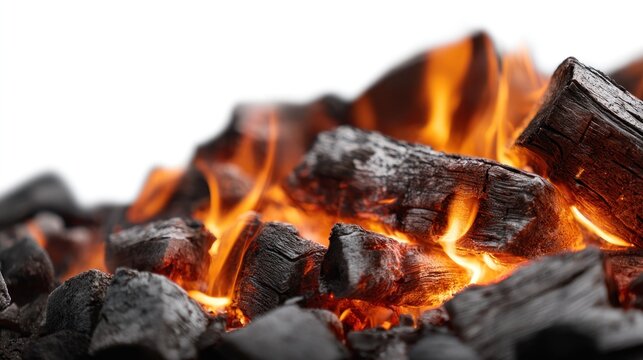 A close-up of burning coals with flames and embers, set against a white background. - Powered by Adobe