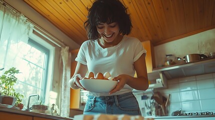 Woman holding bowl of eggs in rustic kitchen preparing meal  

