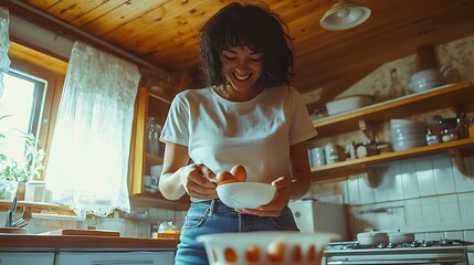 Woman cracking eggs in cozy kitchen while preparing food  
