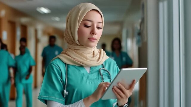 Focused Caregiver: A dedicated health professional wearing a headscarf, navigates a digital tablet in a hospital corridor, symbolizing commitment to healthcare  - Powered by Adobe