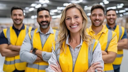 Warehouse Crew Confidence: A diverse group of warehouse workers radiates assurance and teamwork, clad in vibrant yellow vests.