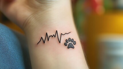Heartbeat and paw print wrist tattoo showing pet love and connection  
