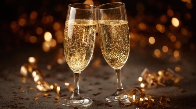 Two champagne glasses filled with sparkling wine, with a festive background of gold and silver lights.