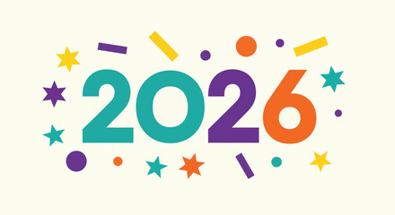 Colorful 2026 New Year Celebration with Confetti and Stars.