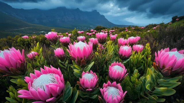 Majestic Protea Flowers Blooming Under a Dramatic Sky with Mountain Backdrop beauty