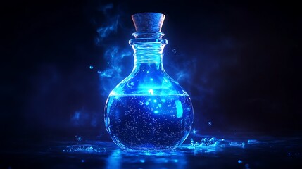 Magical glowing blue potion bottle with swirling light and sparkles  
