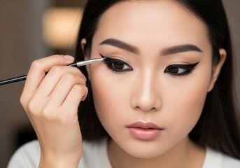 Beautiful Asian woman applying liquid eyeliner, creating a perfect cat-eye look. Daily beauty routine in the bathroom. For cosmetics advertising, makeup tutorials, and beauty blogs.