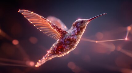 Fototapeta premium A digital hummingbird with glowing, wireframe wings and a detailed, colorful body, set against a blurred, bokeh background with a gradient of warm colors.
