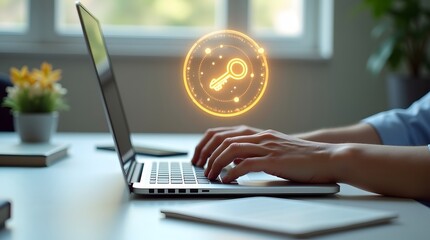 Cybersecurity concept of a digital key icon floating above a person typing on a laptop, symbolizing online security and data protection