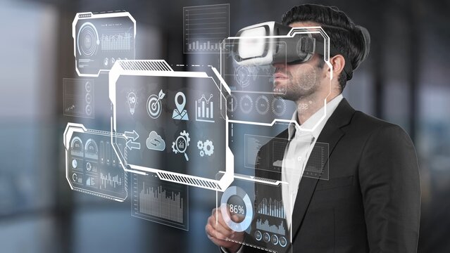 A business professional utilizes a virtual reality headset to interact with advanced data visualizations and analytics in a sleek, modern office setting, showcasing innovation. Raster - Powered by Adobe