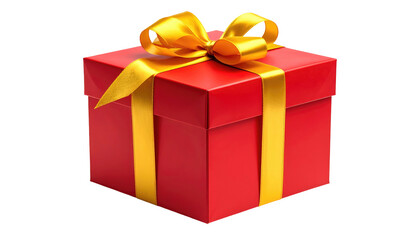 Glossy red gift box with bright yellow ribbon and bow, isolated on black