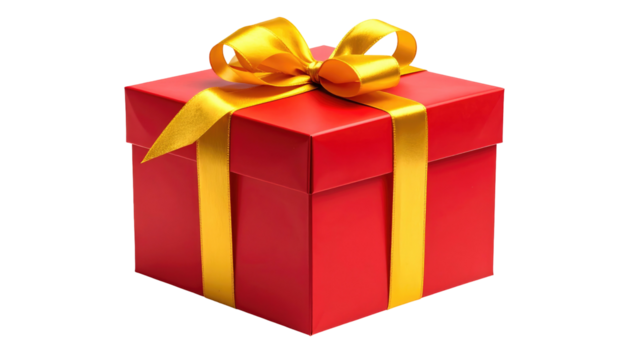 Glossy red gift box with bright yellow ribbon and bow, isolated on black - Powered by Adobe