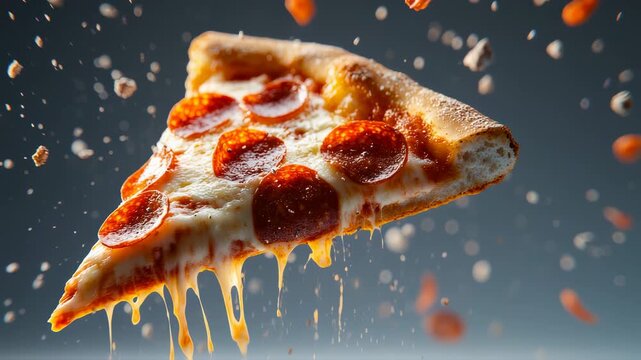 Delicious Pepperoni Pizza Slice with Melted Cheese and Floating Toppings in Slow Motion