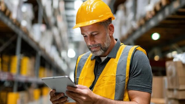 Warehouse Worker Inspection: A focused warehouse worker, clad in safety gear, meticulously inspects inventory using a tablet, navigating the organized aisles of a bustling storage facility.