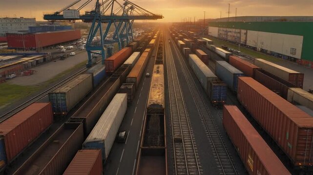 Cargo Train Terminal at Sunset - A Hub of Global Trade.