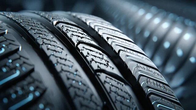 Automotive Tire Detail: This image is a striking close-up of a high-performance tire, emphasizing its intricate tread pattern and texture.