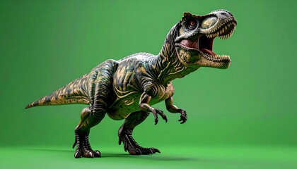 A fierce, detailed rendering of a Tyrannosaurus Rex on a vibrant green backdrop, capturing a dynamic stance with open jaws