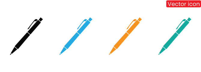 Set of Ball Pen template flat and line icons on transparent background, flat design vector illustration, office supplies concept,Modern pens in vibrant colors for writing and design,
