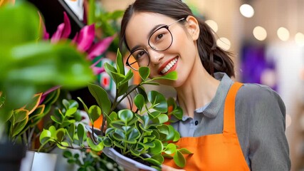 Smiling florist plant shop with indoor plant and green leaves, potted plant woman wearing glasses and apron, cheerful retail worker tending vibrant