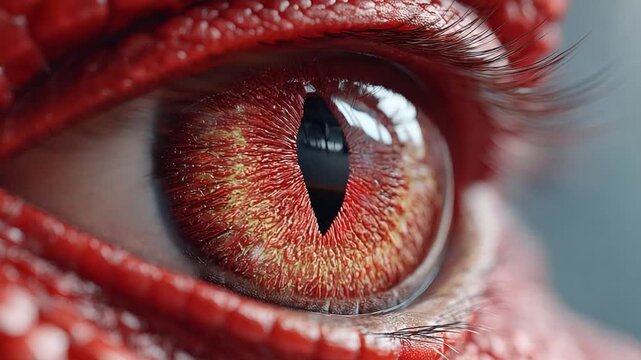 Dragon's Gaze: A captivating macro view of a dragon's eye, showcasing intricate textures, vivid red scales, and a piercing, enigmatic gaze that draws the viewer into a realm of fantasy and wonder.
