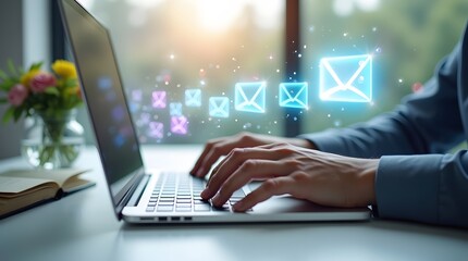 Closeup of a business professional's hands typing on a laptop keyboard, sending a stream of glowing email icons for a digital marketing campaign