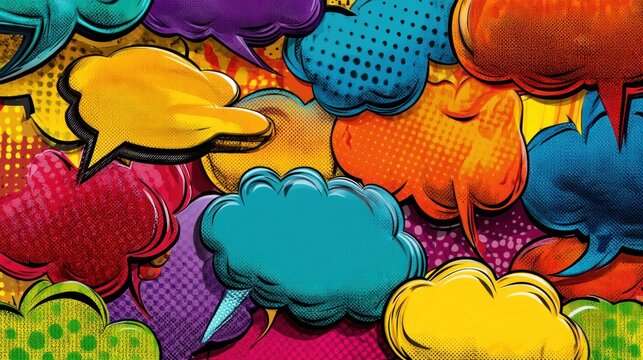 A colorful, abstract background featuring a mix of speech bubbles, clouds, and dots in vibrant colors.