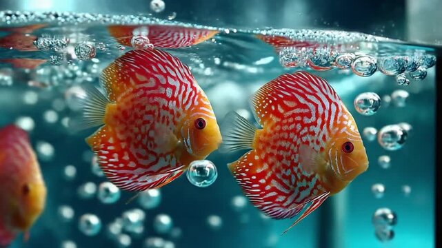 Aquatic Rhapsody: Two vibrant discus fish gracefully navigate their aquatic realm, their striking patterns and colors enhanced by the play of light and bubbles in the water.