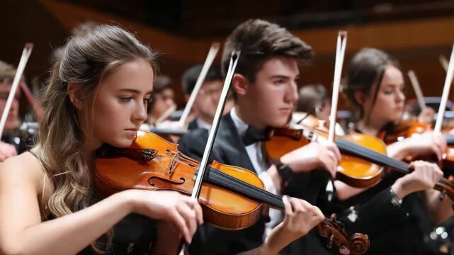 Harmonious Melodies: A dedicated ensemble of musicians passionately performing on their violins, their focused expressions and graceful movements creating a symphony of music.