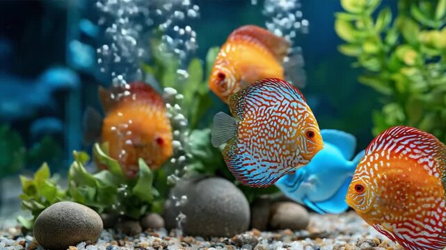 Underwater Paradise: Vivid discus fish glide gracefully through a vibrant aquatic world, their colorful patterns and serene movements creating a mesmerizing underwater scene.
