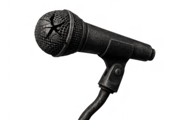 Vintage microphone showing aged metal texture, representing retro sound, music, podcasting, and performance on transparent background