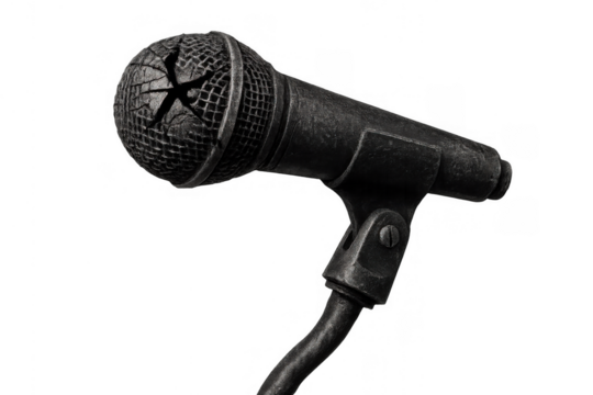 Vintage microphone showing aged metal texture, representing retro sound, music, podcasting, and performance on transparent background