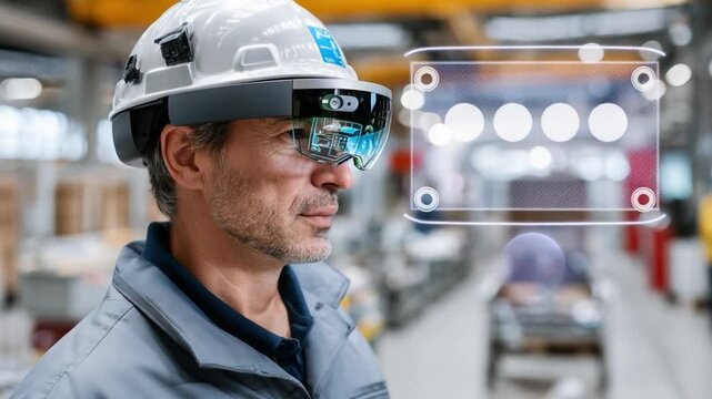 The Engineer's Augmented Reality Vision: An engineer wearing a cutting-edge augmented reality headset, superimposed with digital data, explores the industrial landscape.