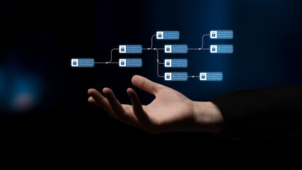 Blockchain structure showing distributed data blocks linked with encryption, representing secure transaction verification, decentralized control, and immutable record system Latch