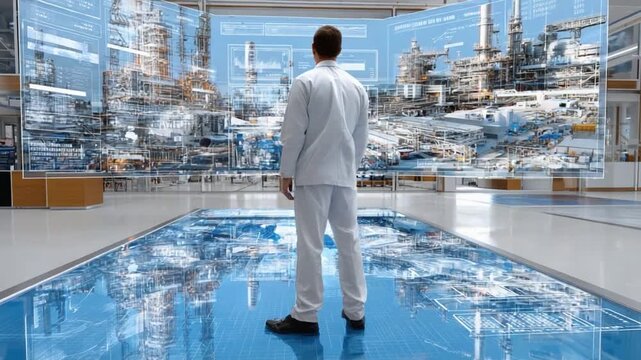 Vision of Industrial Automation: A man, dressed in a spotless lab coat, contemplates a complex industrial landscape displayed on futuristic holographic screens.