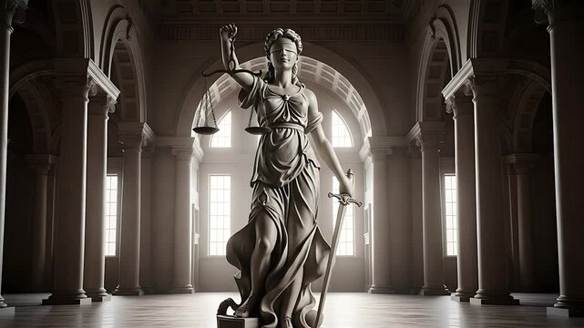 Symbolic representation of justice, statue of Lady Justice in a grand hall  representing