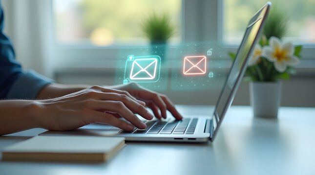Email Inbox Management Person Typing on Laptop with Email Icons, Focus on Online Communication