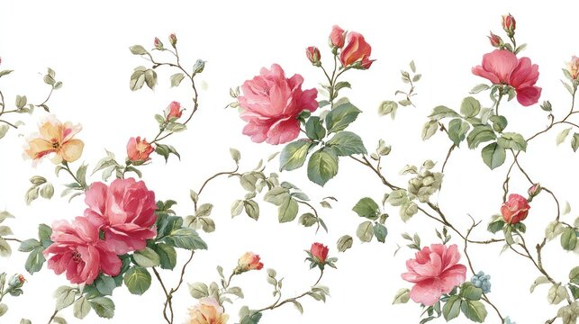 A vintage-style floral wallpaper with pink and red roses, green leaves, and small yellow flowers on a white background.