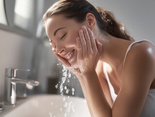 Naklejka premium A young Caucasian woman with long brown hair washes her face at a bathroom sink. Water splashes around her, creating a refreshing atmosphere.