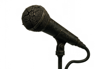 Vintage microphone on stand with cracked mesh, a retro audio equipment for music, broadcast, and performance themes