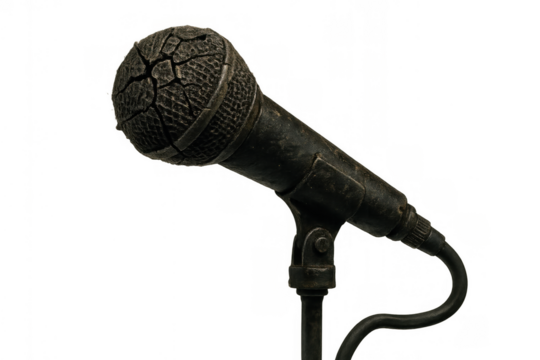 Vintage microphone on stand with cracked mesh, a retro audio equipment for music, broadcast, and performance themes