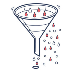 Funnel with red liquid drops illustration isolated on