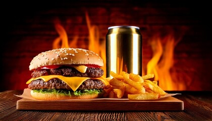 Bacon Cheeseburger, French Fries, and Soda Can against Dramatic Fire Flames Background